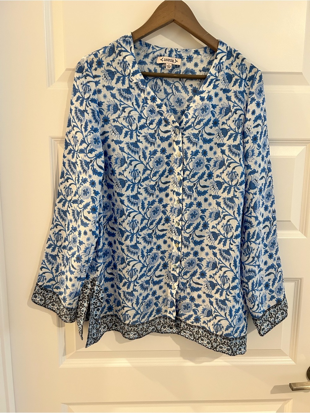 Nanette Lepore Floral Button Up Blouse White Blue Size M